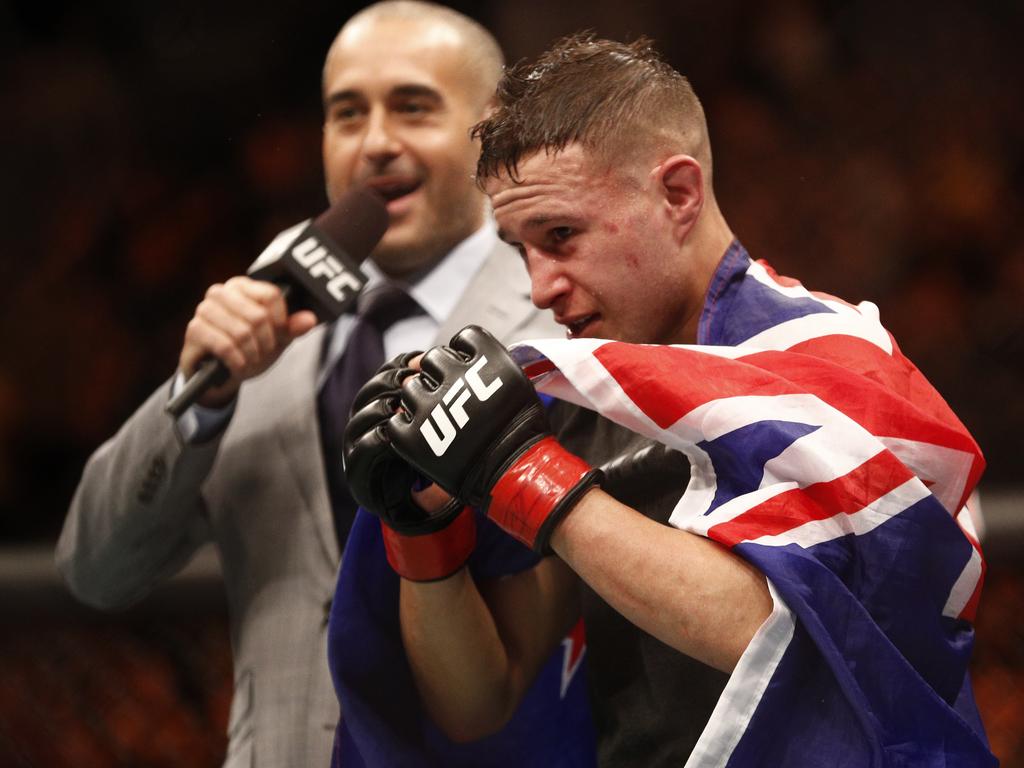 Kai Kara-France celebrates after winning the UFC 234 Flyweight Bout against Raulian Paiva of Brazil in Melbourne. Picture: AAP Image/Daniel Pockett