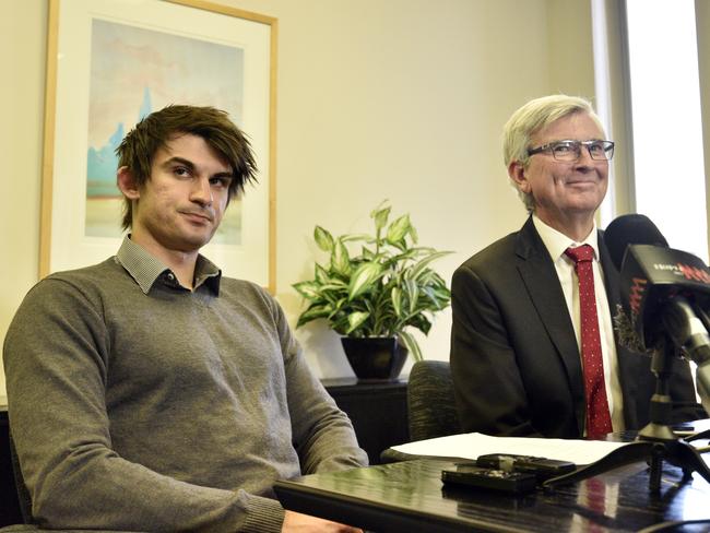 Cassandra Sainsbury's fiance Scott Broadbridge and Australian lawyer Stephen Kenny address the media in Adelaide on Friday. Picture: AAP Image/David Mariuz