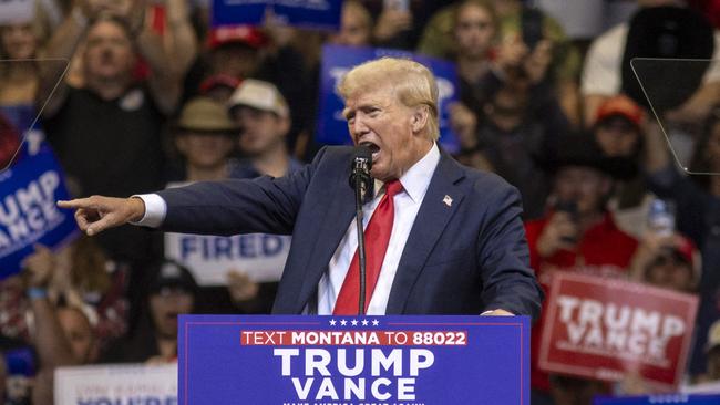 Donald Trump at an election campaign rally in Bozeman, Montana. One third of his remarks fall into three categories: false, obtuse and lunatic. Picture: AFP.