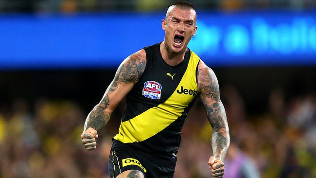 BRISBANE, AUSTRALIA - OCTOBER 24: Dustin Martin of the Tigers celebrates a goal during the 2020 AFL Grand Final match between the Richmond Tigers and the Geelong Cats at The Gabba on October 24, 2020 in Brisbane, Australia. (Photo by Jono Searle/AFL Photos/via Getty Images)