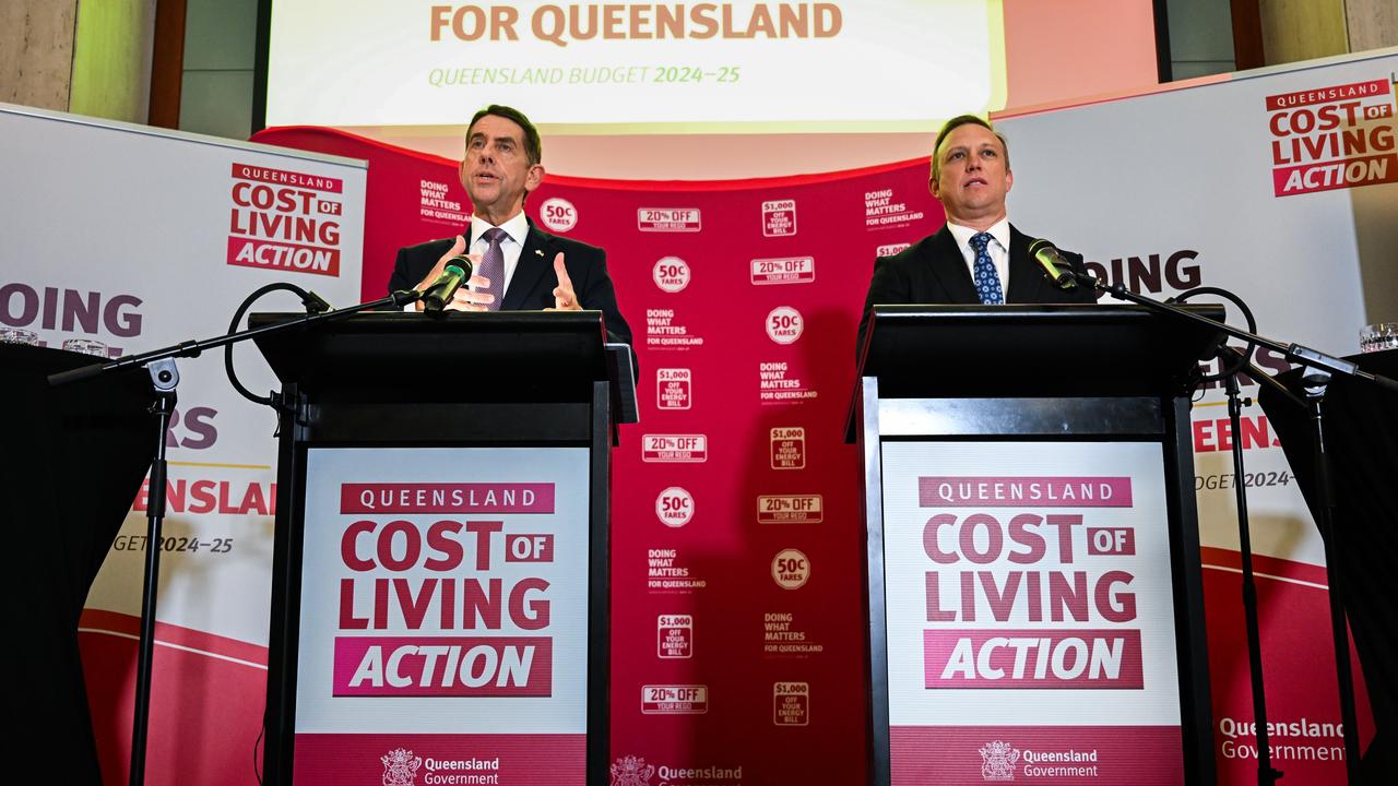 Queensland Premier Steven Miles (right) and Treasurer and Minister for Trade and Investment Cameron Dick during a press conference before handing down the 2024-25 State Budget, at Parliament House. Photo: Dan Peled