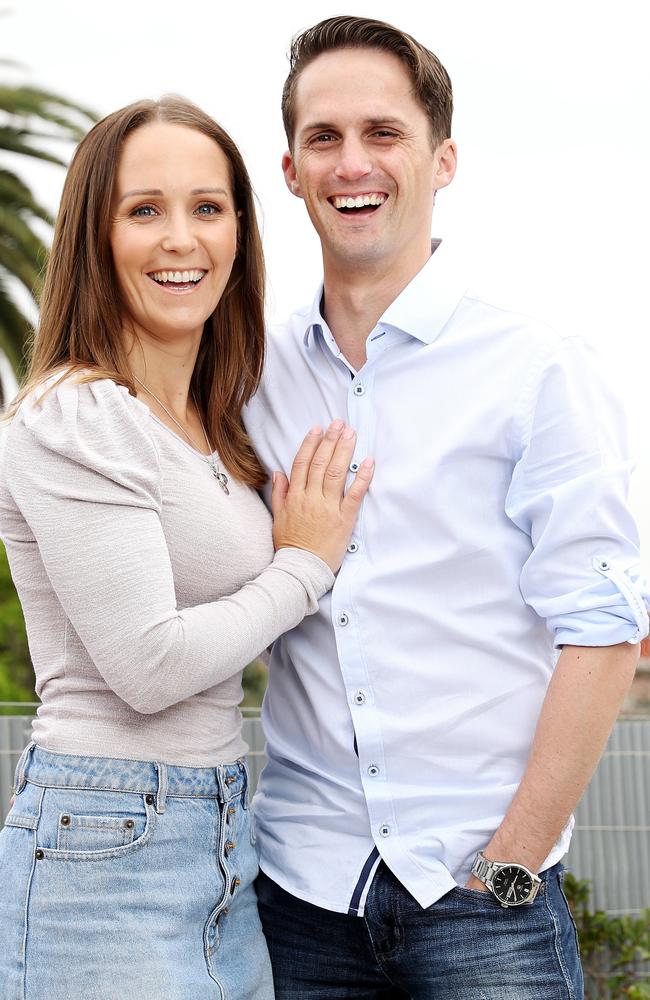 Rachel King, with fiance Blake Spriggs, will be the first female jockey to race in The Everest. Picture: Tim Hunter