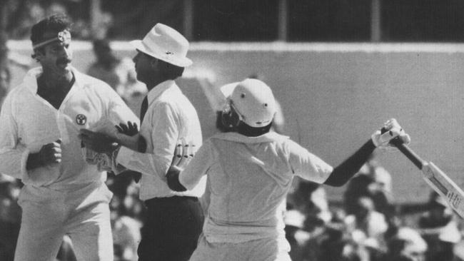 Dennis Lillee (L) squares up to a bat-swinging Javed Miandad at the WACA in 1981. Picture: David Tanner