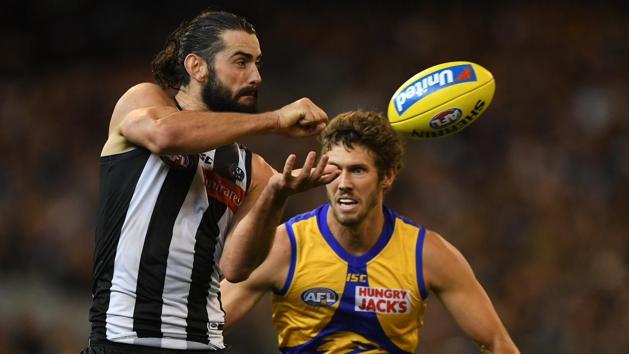 Collingwood ruck star Brodie Grundy takes on Eagle Tom Hickey in Saturday’s AFL grand final re-match. Picture: AAP Image/Julian Smith