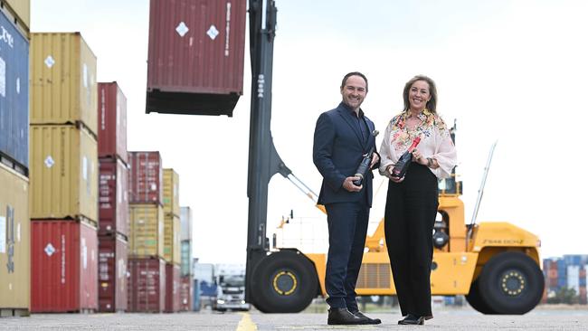 Sirromet CEO Risko Isic and director Nadine Delahunty with the first container shipment of wine to China in three years. Picture: Lyndon Mechielsen