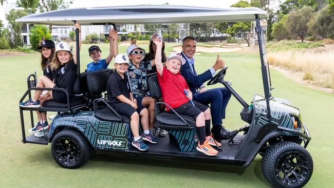 January 23, 2025: South Australian Premier Peter Malinauskas take the young golfers for a spin in the Liv Golf buggy at the Liv Golf Family Fairway Media Call at Grange Golf Club, Adelaide.   Picture: Kelly Barnes