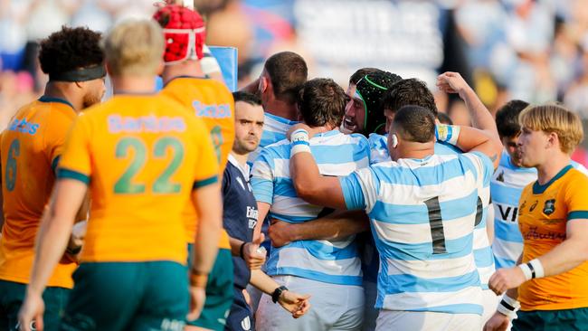 Argentina celebrates after scoring a try against Australia in Argentina on September 7, 2024. Picture: Geronimo Uranga/AFP