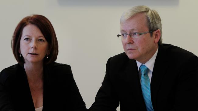 Prime Minister Julia Gillard meets with former PM Kevin Rudd to discuss the campaign strategy at the Commonwealth Parliamentary Offices in Brisbane, while campaigning for upcoming 2010 federal election.