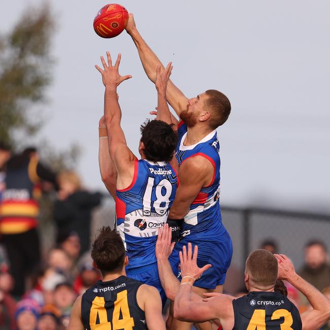 Liam Jones of the Bulldogs punches the ball during the round 10 AFL match between Western Bulldogs and Adelaide Crows at Mars Stadium, on May 20, 2023, in Ballarat, Australia. (Photo by Robert Cianflone/Getty Images)