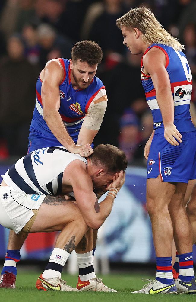 Tuohy grabs his forehead following the three-quarter time incident. Picture: Michael Klein