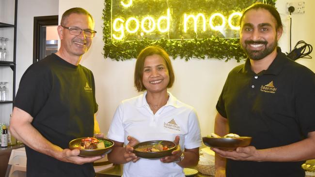 Baan Mai owners Dom Stefanatos, Somkid Nammanong and Jagtar Singh have enjoyed the first few weeks of opening their new restaurant. Picture: Sam Turner