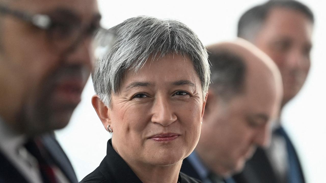 Australia's Foreign Minister Penny Wong with her UK counterpart, Foreign Secretary James Cleverly in Portsmouth. Picture: Toby Melville / POOL / AFP