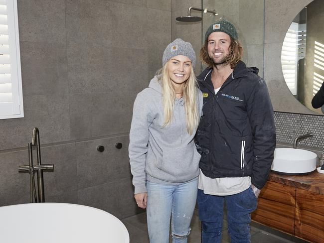 The Block — Josh and Elyse are all smiles after winning main bathroom week on The Block. Picture: Nine