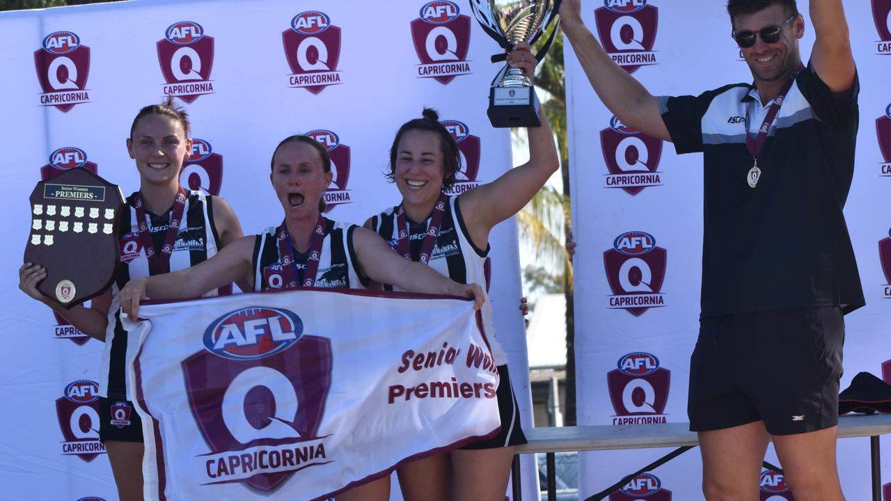 Amy Mill (second from left) celebrates Panthers’ 2024 grand final win with fellow co-captains Laila Howard and Hayley Richmond and coach Jesse Johnston.