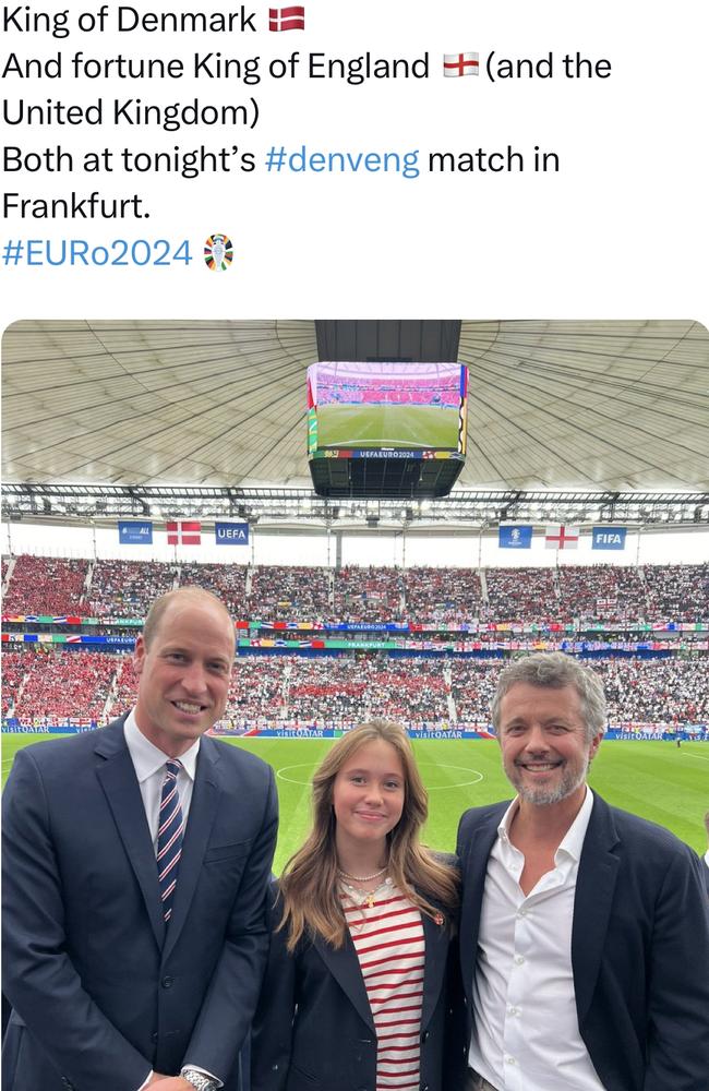 Prince William, Princess Isabella, and Frederik King of Denmark at Euro 2024 Picture: Supplied/Instagram