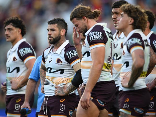 GOLD COAST, AUSTRALIA - AUGUST 03: Adam Reynolds of the Broncos looks dejected during the round 22 NRL match between Gold Coast Titans and Brisbane Broncos at Cbus Super Stadium, on August 03, 2024, in Gold Coast, Australia. (Photo by Matt Roberts/Getty Images)