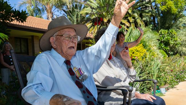 Sydney and June Kinsman waved at hundreds of cars as they drove past their house last Anzac Day. Picture: Emma Murray