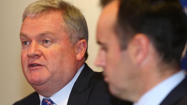 Western Bulldogs president Peter Gordon and CEO Simon Garlick face the media. Picture: Michael Klein