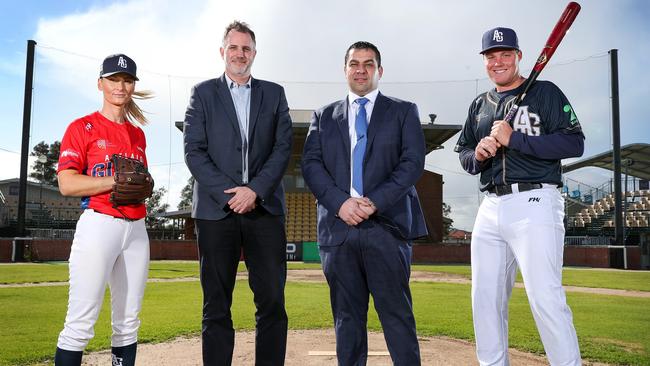 Adelaide Giants’ Alice Prokopec, Adelaide Crows chief executive Tim Silvers, Ross Pelligra and Adelaide Giants’ Jordan McArdle. Picture: Sarah Reed.