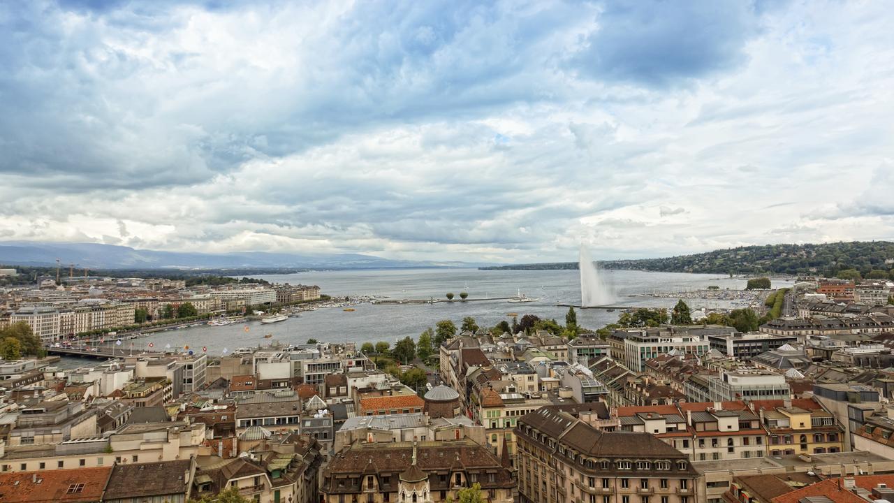 Panoramic view of city of Geneva, the Leman Lake and the Water Jet, in Switzerland