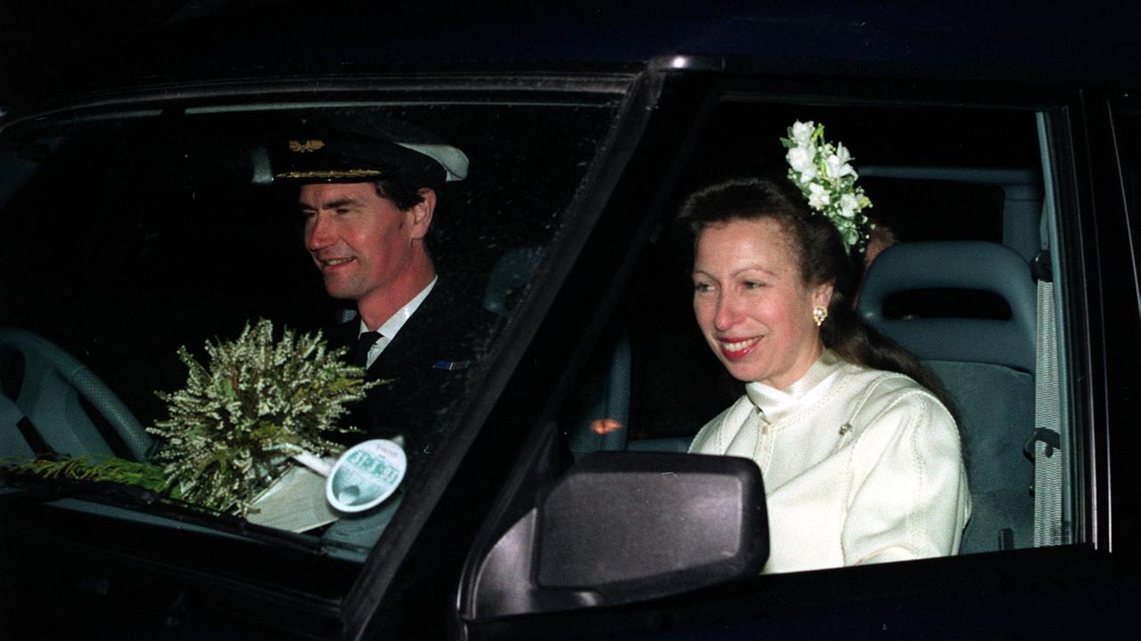 Commander Tim Laurence and Princess Anne after their marriage at Crathie Church. Picture: Getty Images