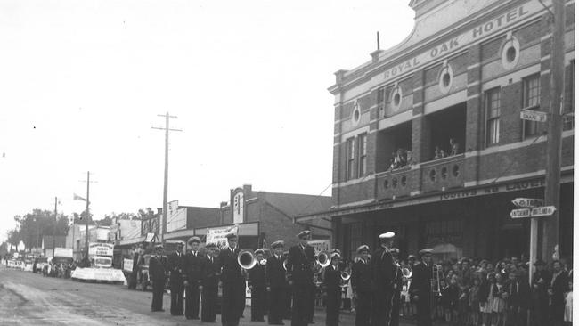 A brass band assembled in front of the Royal Oak Hotel for a May Day parade down Vincent Street, Cessnock. Supplied.