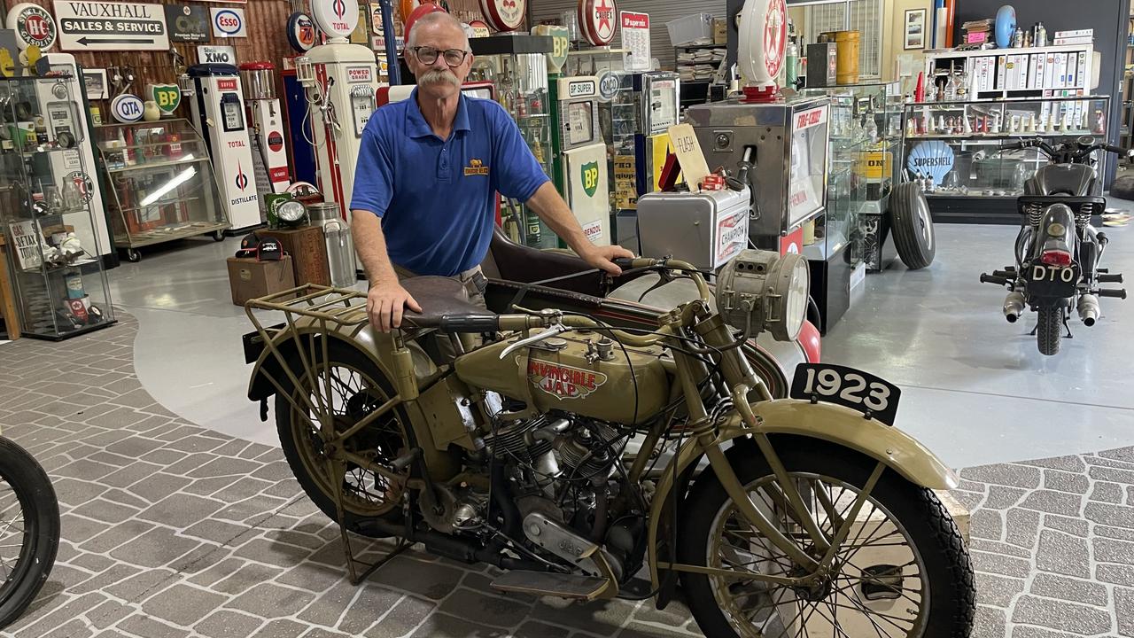 Mike Munday with a 1923 Australian-made Invincible J.A.P. motorcycle.