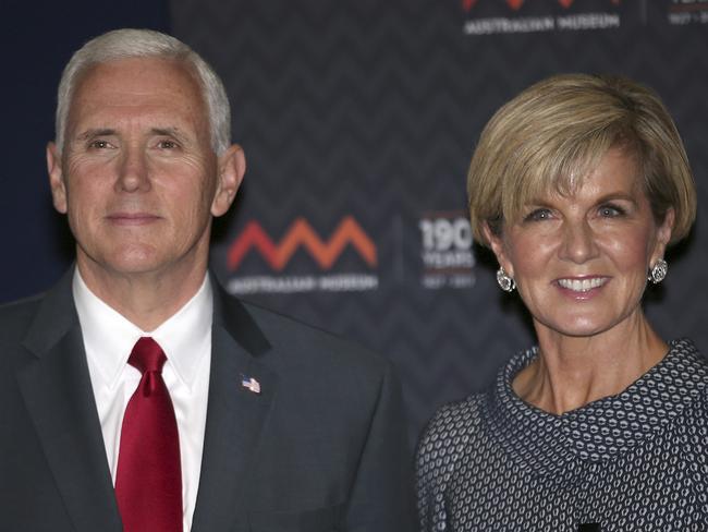 US Vice President Mike Pence, left, and Australian Foreign Minister Julie Bishop pose for a photo during a visit to the Australian Museum in Sydney. Picture: David Moir/AP