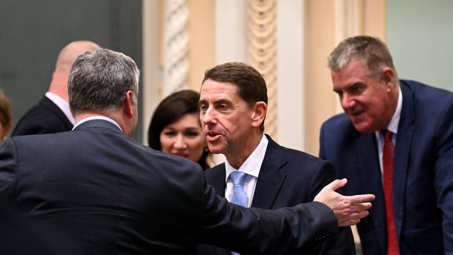 Queensland Treasurer Cameron Dick is congratulated by colleagues after handing down the 2022-23 state budget. Picture: NCA NewsWire / Dan Peled