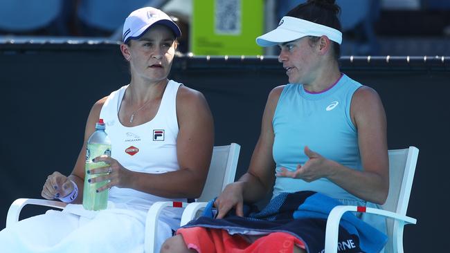 Ash Barty featured in doubles action on Wednesday with her leg strapped. Picture: Getty Images