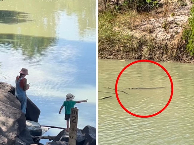 Vision shared to social media shows a family, including a young boy, playing on and in crocodile-infested waters in the Top End.