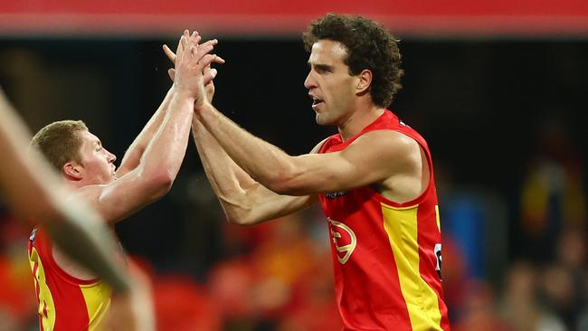 GOLD COAST, AUSTRALIA – JUNE 25: Ben King of the Suns celebrates a goal during the round 15 AFL match between Gold Coast Suns and Hawthorn Hawks at Heritage Bank Stadium, on June 25, 2023, in Gold Coast, Australia. (Photo by Chris Hyde/Getty Images)