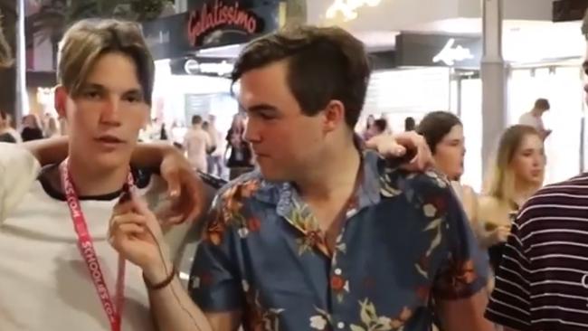 LNP volunteer Jake Scott (centre) with Young LNP branch chair Barclay McGain in the video.