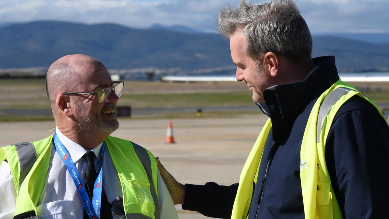 State Development Minister Michael Ferguson with Qantas pilot Darren Castle, May 7, 2023. Picture: Alex Treacy