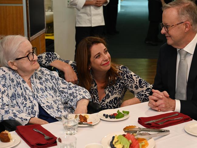 ADELAIDE, AUSTRALIA - NewsWire Photos August 29, 2023: The Prime Minister, Anthony Albanese speaking to a resident at Eldercare Seaford with the Minister for Aged Care, Anika Wells to promote the Maggie Beer Foundation Aged Care Cook and Chef Support Program. Picture: NCA NewsWire