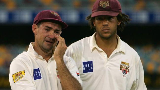 Jimmy Maher and Andrew Symonds after losing the 2005 Sheffield Shield final. Picture: Darren England