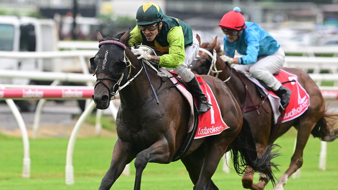 Beau Dazzler underlines his 2025 Group 1 Queensland Derby potential by scoring the Group 3 Grand Prix Stakes at Eagle Farm. Picture: Grant Peters/Trackside Photography