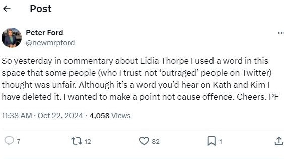 Entertainment reporter Peter Ford has doubled down on his criticism of Lidia Thorpe, after labelling the Indigenous Senator a 'skank' not once, but twice following her interruption at a reception for King Charles and Queen Camilla on Monday. Picture: X