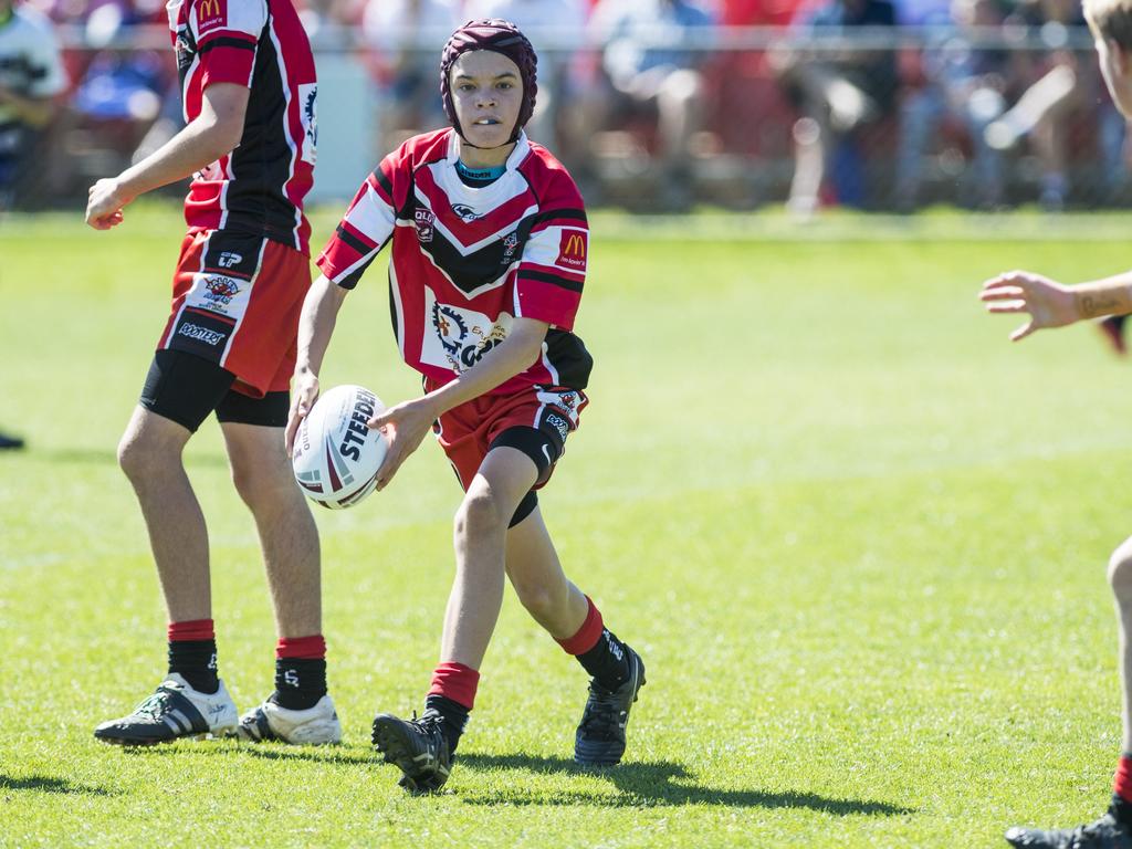 Max Murphy passes for Valleys against Brothers in under-13 boys Toowoomba Junior Rugby League grand final at Clive Berghofer Stadium, Saturday, September 11, 2021. Picture: Kevin Farmer