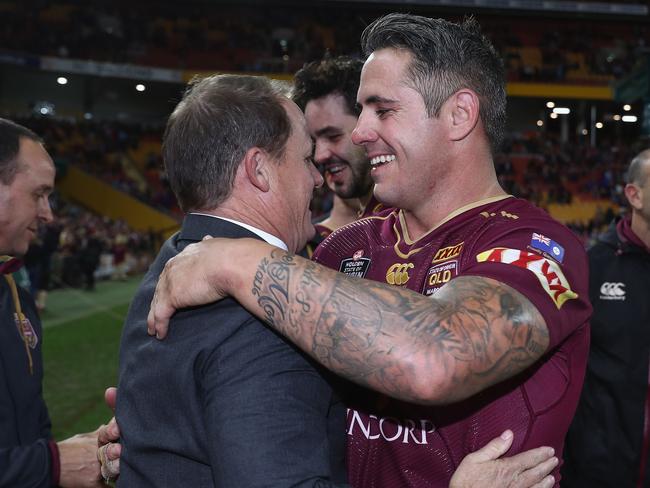 Then Maroons coach Kevin Walters celebrates with Corey Parker after an Origin win. Picture: Mark Kolbe/Getty