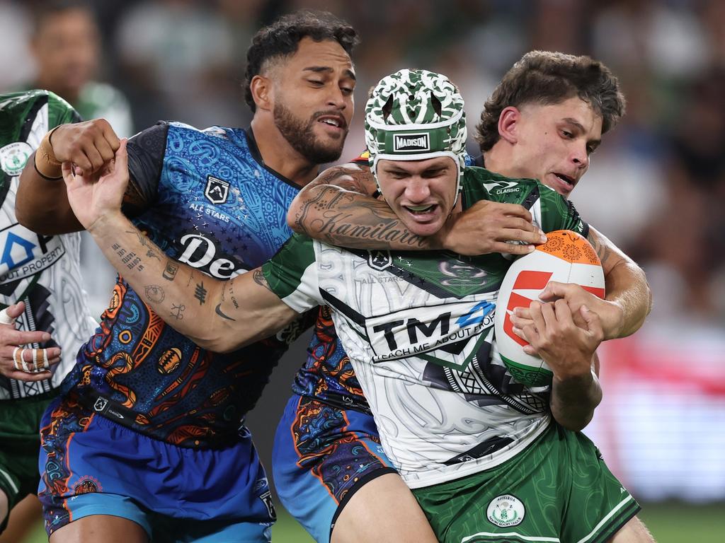 Maori All Stars’ Kalyn Ponga is wrapped up by the defence. Picture: Getty Images