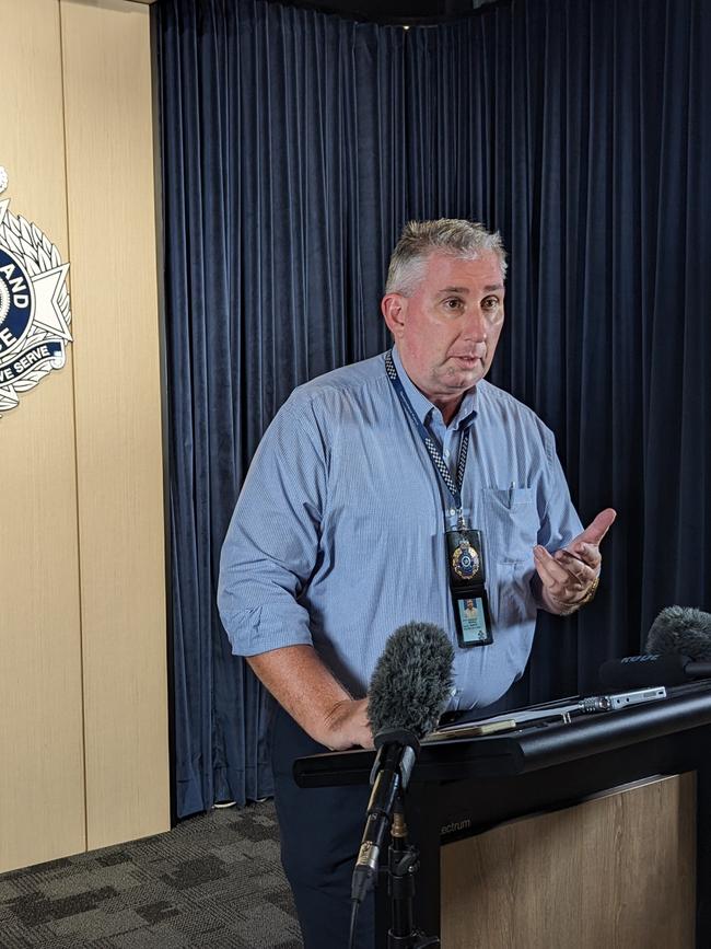 Detective Inspector Mick Searle addresses the media after police arrested and charged seven men during an operation targeting an alleged emerging chapter of the Mongols outlaw motorcycle gang in Cairns City.