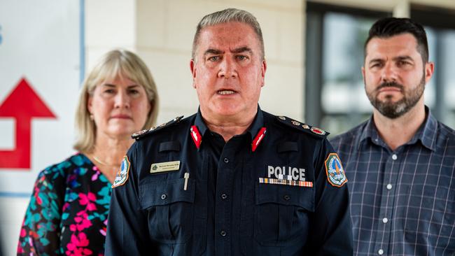 Chief Minister Eva Lawler, NT Police Commissioner Michael Murphy and Police Minister Brent Potter. Picture: Pema Tamang Pakhrin