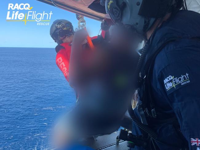 The Bundaberg-based RACQ LifeFlight Rescue helicopter winched the man from the longline fishing vessel.