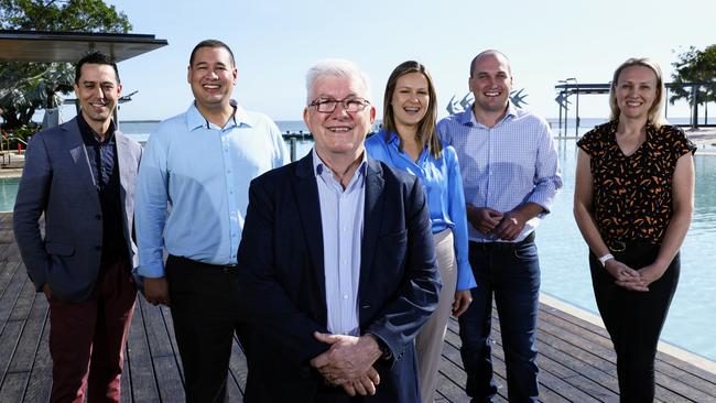 Unity Team newcomers Matthew Calanna (Division 7 candidate), Nathan Lee Long (Division 5 candidate), mayoral candidate Terry James (vacating Division 4), Heidi Healy (Division 3 candidate), Jeremy Neal (Division 4 candidate) and Nikki Giumelli (Division 2 candidate). Picture: Brendan Radke