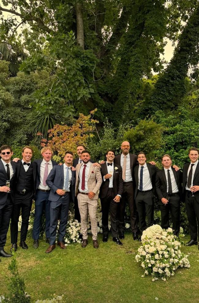 Angus Brayshaw, James Harmes, Clayton Oliver, Alex Neal-Bullen, Jake Lever, Christian Salem, Christian Petracca, Max Gawn, Jack Viney, Charlie Spargo and Tom Sparrow at the wedding. Picture: Instagram