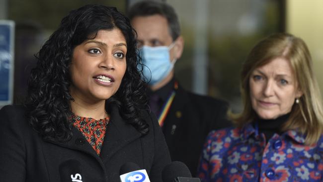 Greens leader Samantha Ratnam with Reason Party leader Fiona Patten. Picture: Andrew Henshaw