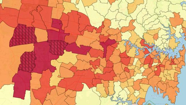 A map showing areas with higher rates of car thefts, as seen in darker red.