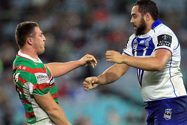 NRL Round 13 Bulldogs v Rabbitohs: Sam Burgess picks a fight with Sam Kasiano Picture: Mark Evans