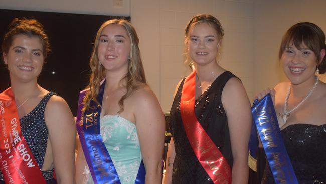 2021 Near North Coast Regional sub chamber Gala Dinner at the Gympie Showgrounds Pavilion on Saturday, 27 June 2021. L-R Jazmin Farrow (Gympie Showgirl), Chloe Lanham (Maleny Showgirl, winner) , Tahlia Robinson (Fraser Coast Showgirl) and Rural Ambassador for Near North Coast Emily Larkin. Pictures: Josh Preston